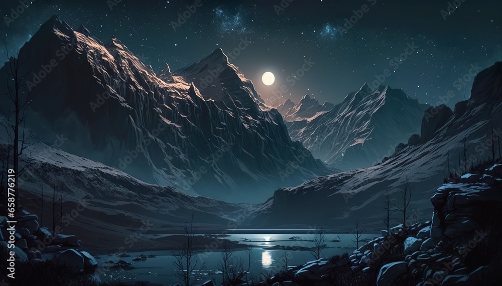 mountain peaks landscape at stary night design illustration - obrazy, fototapety, plakaty 