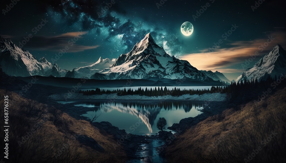 mountain with lake landscape at stary night design illustration - obrazy, fototapety, plakaty 