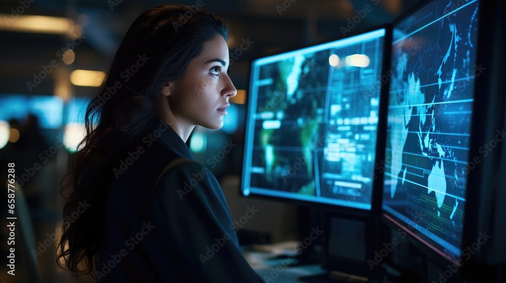 Portrait of a woman cybersecurity analyst in a high-tech security operations center vigilantly monitoring network traffic Portrait of a woman cybersecurity analyst in a high-tech security operations center vigilantly monitoring network traffic