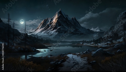 snowy mountain landscape at stary night design illustration