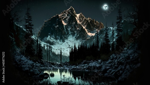 mountain, forest, moon landscape at stary night design illustration