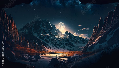 mountain landscape at stary night design illustration moon and river