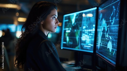 Portrait of a woman cybersecurity analyst in a high-tech security operations center vigilantly monitoring network traffic © Fred