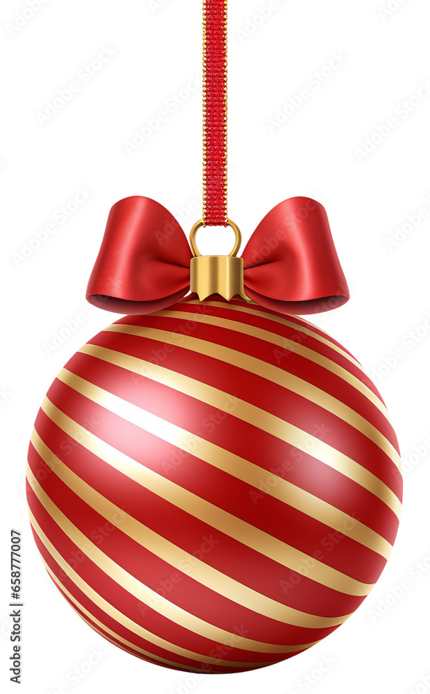 Red Christmas tree ball with gold stripes on a red ribbon with a red bow. Isolated on a transparent background. Red Christmas tree ball with gold stripes on a red ribbon with a red bow. Isolated on a transparent background.