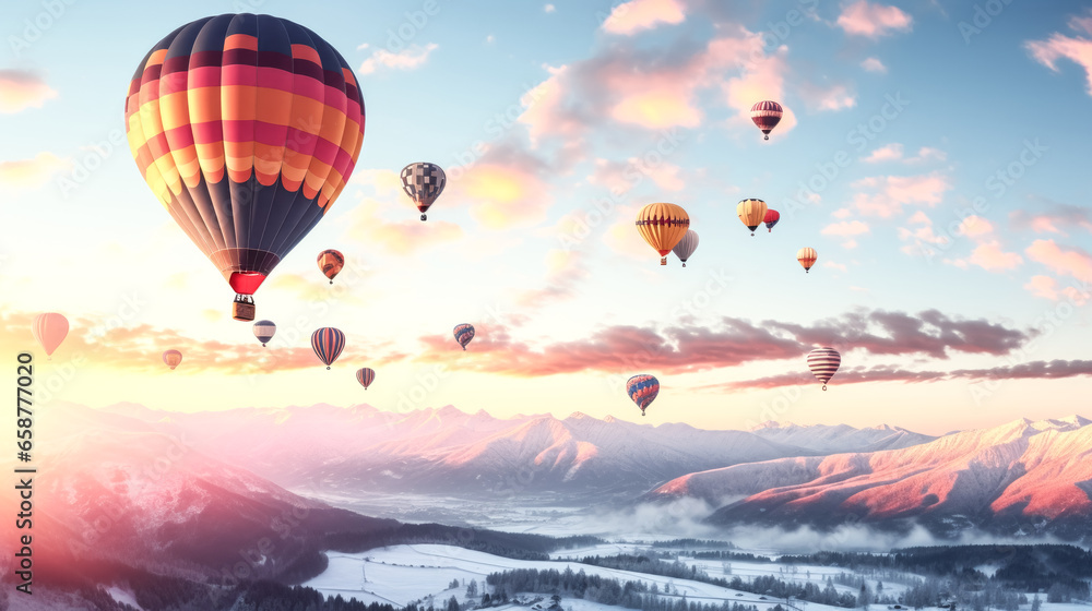 Obraz premium Colorful hot air balloons soar above a city skyline on New Year's Day as the sun rises in the background.
