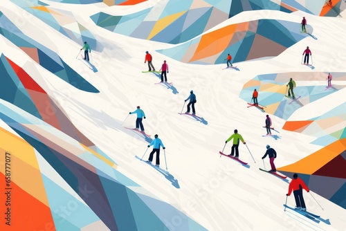 stylized illustration, winter sport concept, crowd of skiing people in mountains, ai tools generated image photo