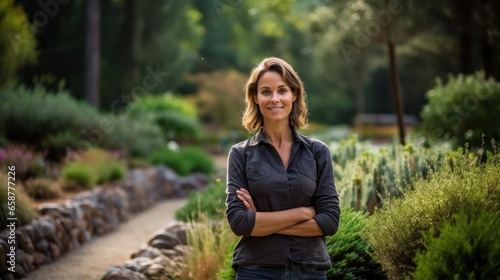 Portrait of a woman landscape architect in a serene botanical garden designing harmonious outdoor spaces