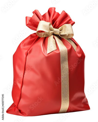 Bag. A red sack tied with a gold ribbon and a bow. Festive sack. Isolated on a transparent background. photo