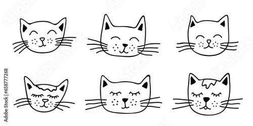 Hand drawn cat muzzle clipart. Cute pet face doodle set