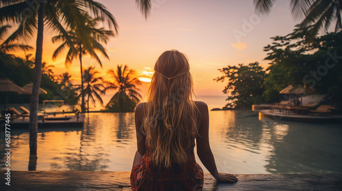 Woman enjoying a serene sunset by the poolside with tropical vibes, travel and relaxation theme