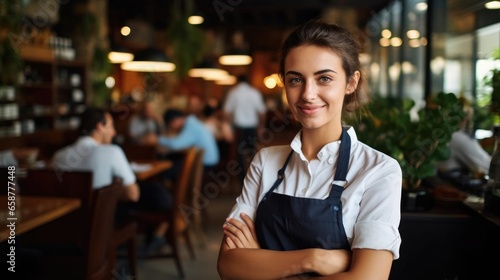 Portrait of a woman resaurant server in a charming cafe managing multiple tables and providing excellent customer care