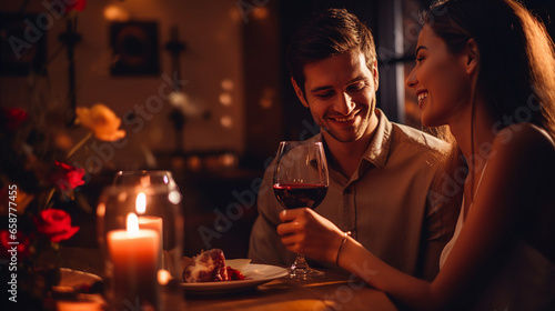 Romantic couple sharing a moment over dinner with city lights backdrop