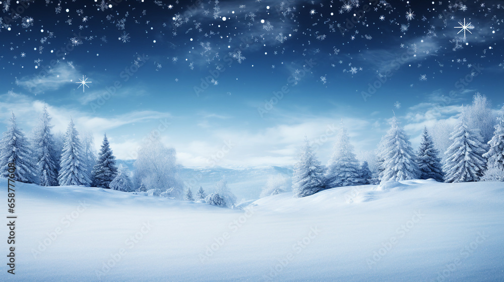 Serene winter forest blanketed in snow under a sky filled with snowflakes