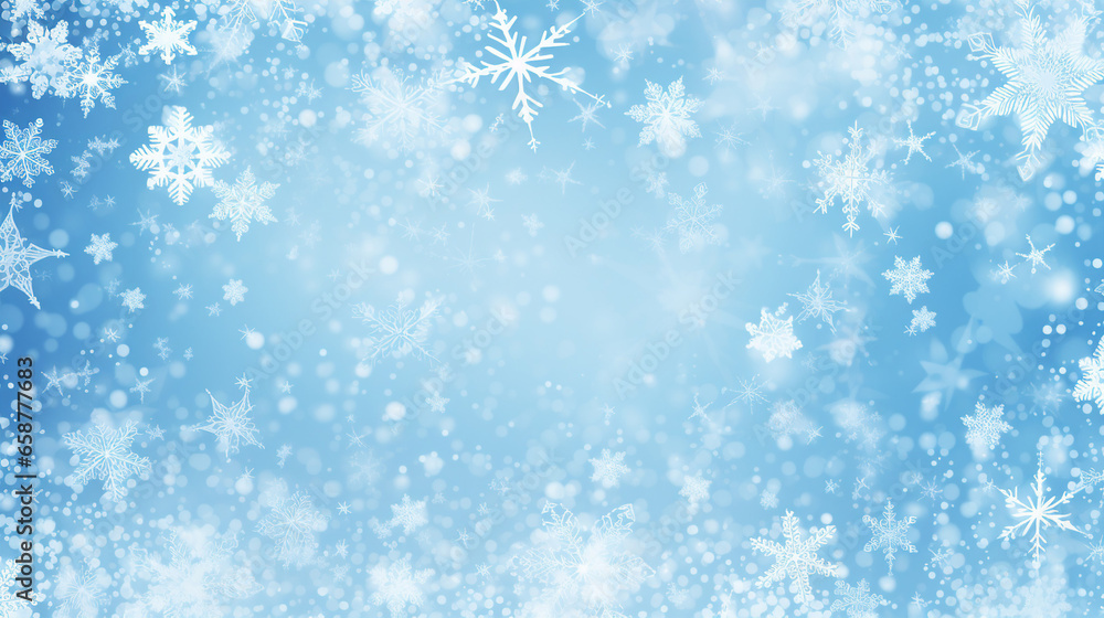 Close-up of delicate snowflakes against a soft blue background, symbolizing winter's beauty