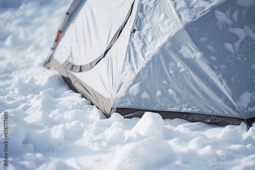 Nature's tranquility envelops a snow-blanketed tent in the heart of a pristine forest, offering a peaceful retreat for those seeking outdoor adventure during the winter season.