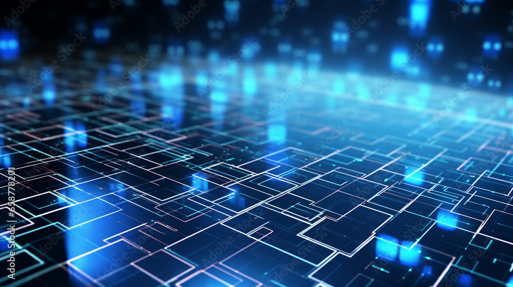 Digital blue grid landscape with illuminated nodes, technology and futuristic theme