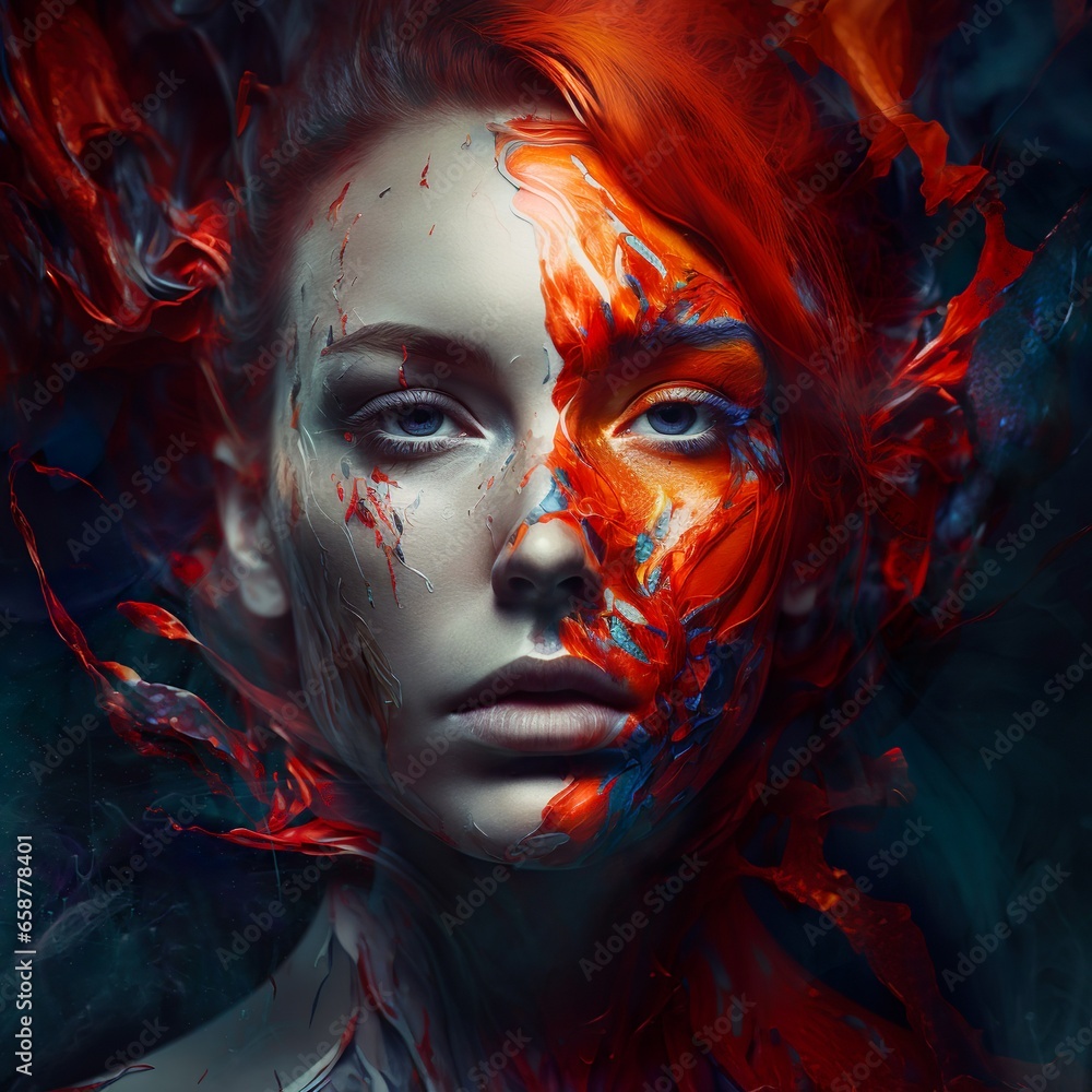 CLOSE-UP ARTISTIC PORTRAIT OF A RED-HAIRED WOMAN WITH PAINTING ON HER FACE AND A PEACEFUL LOOK. IN AN ELEVATED STATE OF MENTAL. AESTHETIC AND DREAMY PORTRAIT WITH INTRICATE DETAILS IN THE LIGHTING, WI