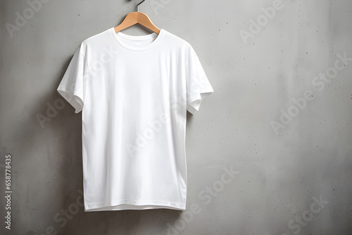 White T-shirt hanging on a hanger and a concrete wall in the background