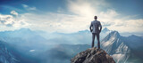 A male executive perched on a rocky cliff, gazing out at the expansive view below, signifying a leader's ability to see the bigger picture in the business world.