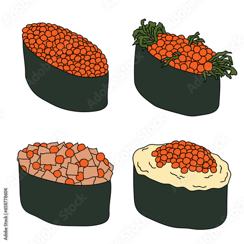 Hand drawn gunkan maki sushi clipart set. Japanese traditional cuisine dishes. Asian food