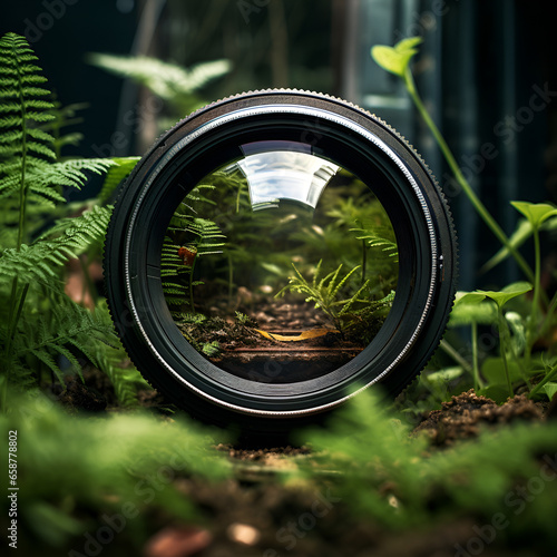 camera lens on green grass genrated ai 
