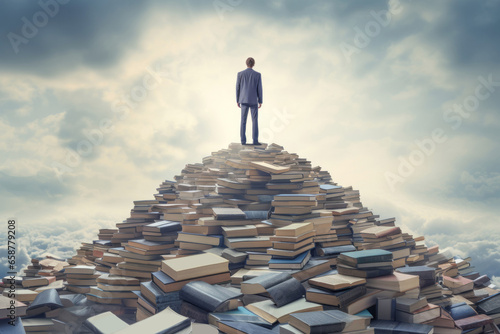 A determined businessman at the top of a stack of books, illustrating the pinnacle of success in the business world often involves a strong foundation of knowledge and continuous learning.