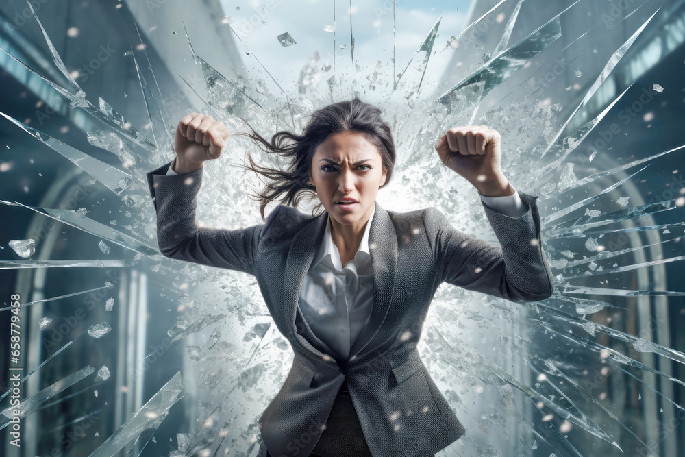 A determined businesswoman shattering a glass ceiling with her powerful punch, symbolizing her strength and determination to break through barriers in her career. - obrazy, fototapety, plakaty 