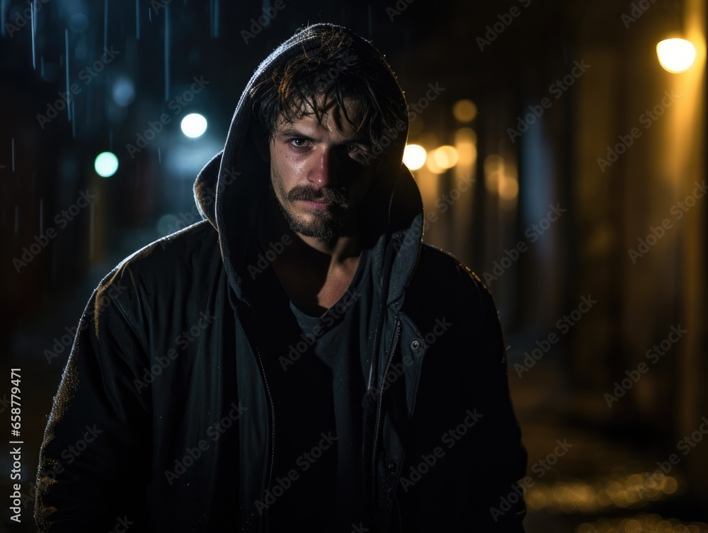 A man in a hoodie standing in the rain. Generative AI. A man in a hoodie standing in the rain. Generative AI.