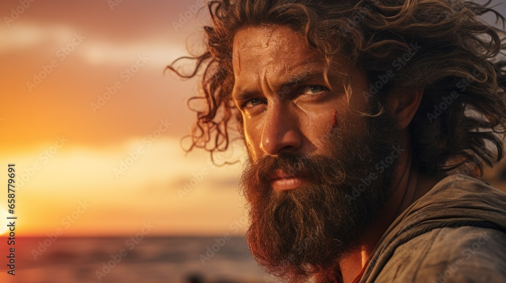 A man with long hair and a beard on the beach. Generative AI. A man with long hair and a beard on the beach. Generative AI.