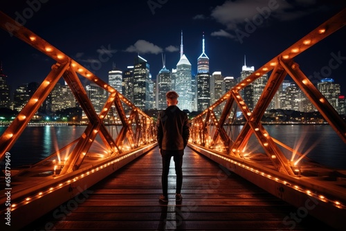 A man standing on a bridge looking at a city at night. Generative AI.