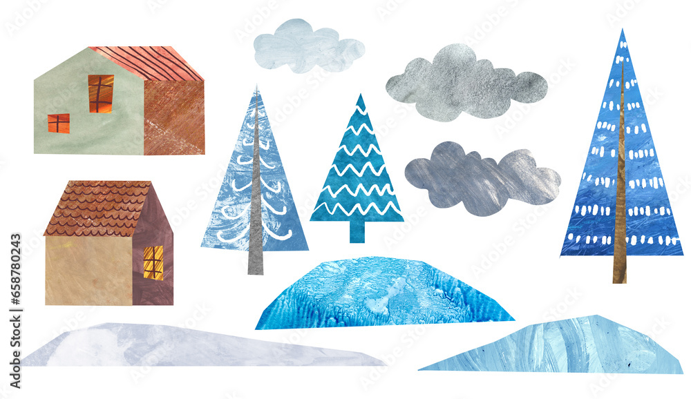 Paper cut collage winter landscape set. Snowy hills, fir trees, houses, and clouds. Paper cut technique of art. Watercolor texture. Cartoon style of art. Flat illustration. Cute style.