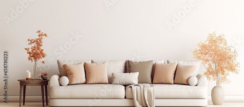 Modern stylish living room with neutral sofa mock up posters dried flowers coffee tables elegant decor and personal accessories Template With copyspace for text