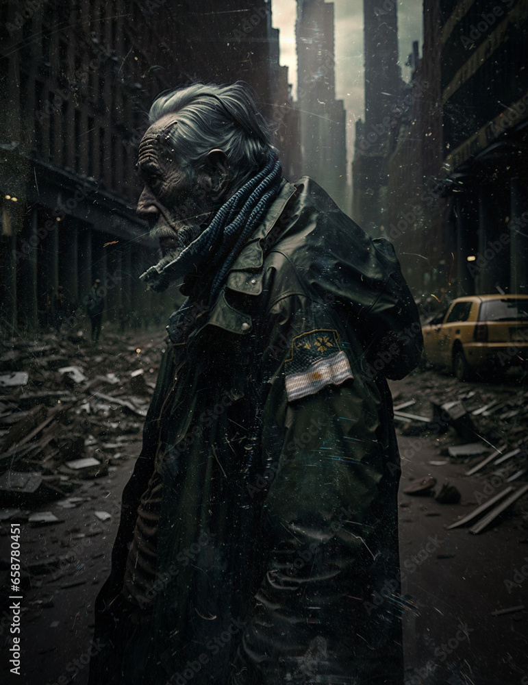 Older man, with his weathered face. Leather jacket adorned with patches of flags and shields. Ruined city environment. Concept of survival in a post apocalyptic/war world. Cinematographic photo with v