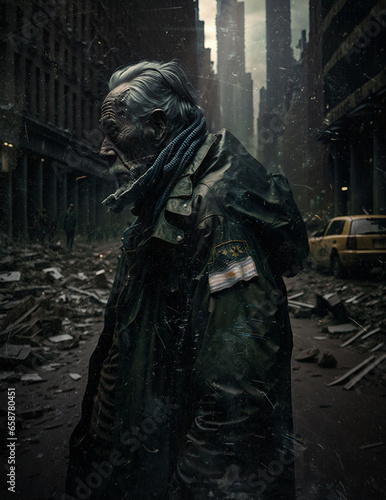 Older man, with his weathered face. Leather jacket adorned with patches of flags and shields. Ruined city environment. Concept of survival in a post apocalyptic/war world. Cinematographic photo with v