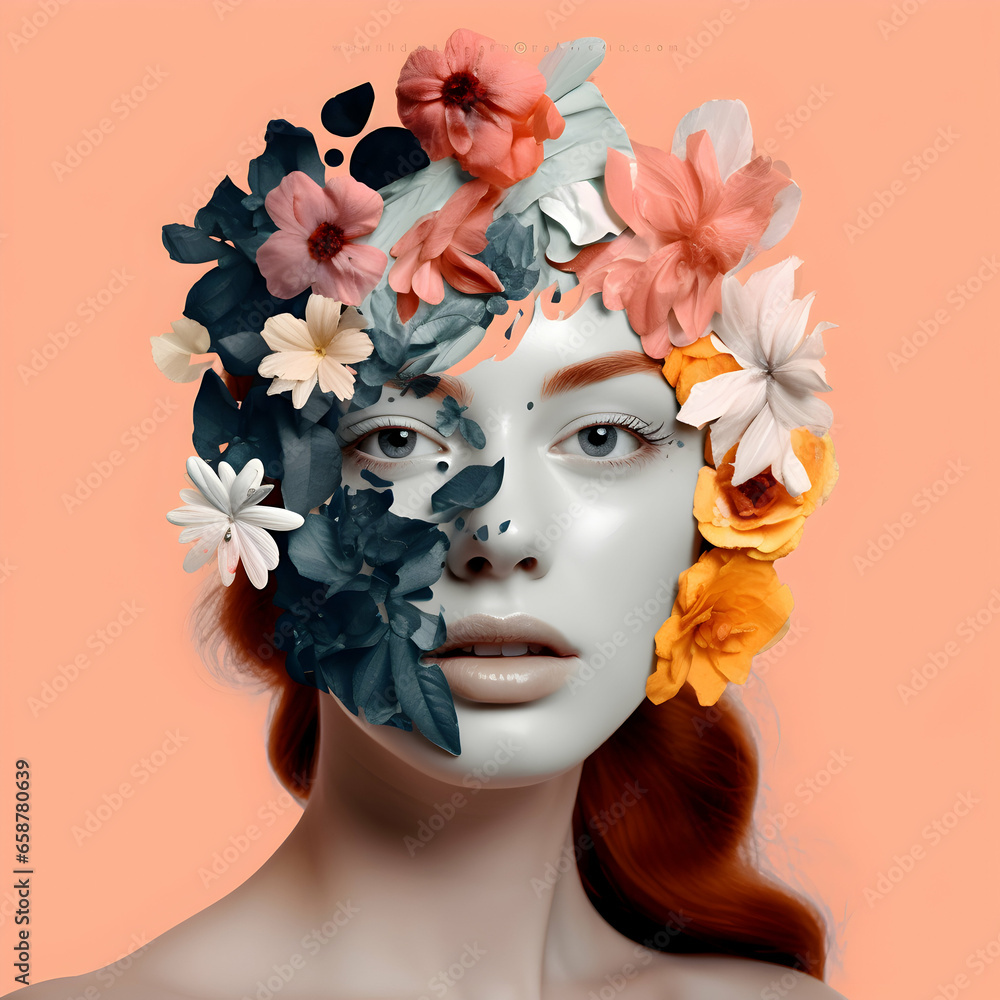 Photo Abstract spring face floral art collage of young woman with flowers 