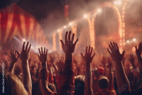 A vibrant image capturing a large group of people with their hands raised in the air. This picture can be used to depict excitement, celebration, unity, or support. Perfect for illustrating concerts, 