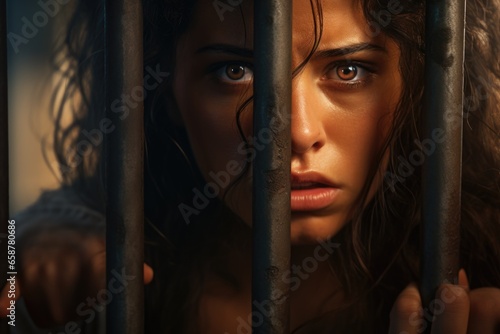 A woman with long hair is seen trapped behind bars in a cage. This image can be used to portray themes of confinement, imprisonment, or captivity in various contexts.