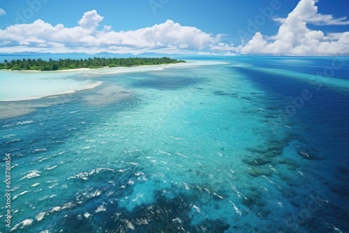 An aerial view of the ocean with a small island in the distance. This image can be used to depict the beauty of nature and the serenity of the ocean.