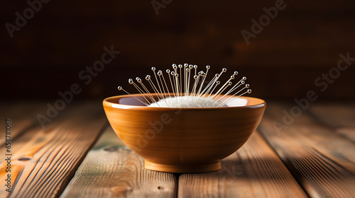 Bowl with acupuncture needles on wooden table photo