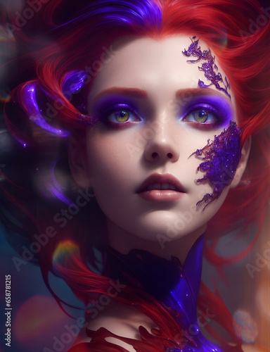Artistic portrait of a red-haired and white-skinned woman, with accentuated and theatrical makeup and volumetric and cinematic lighting. Creative and beautiful portrait.