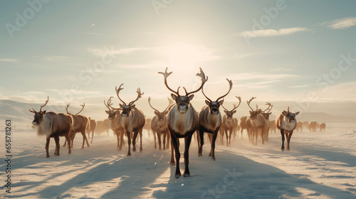 Reindeer against the backdrop of a tundra landscape. photo