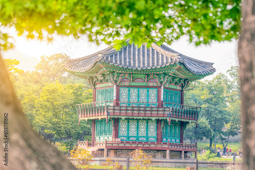 Hyangwonjeong Pavilion Summer Water Pavilion at Gyeongbokgung Palace, Seoul, a landmark of South Korea. photo