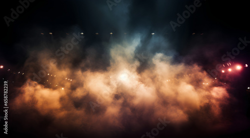 Stage light with colored spotlights and smoke. Concert and theatre dark scene