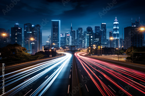 The motion blur of a busy urban highway during the evening rush hour. The city skyline serves as the background  illuminated by a sea of headlights and taillights. 