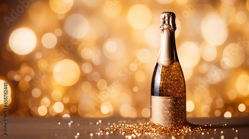 Sparkling Celebration, Closeup of Opening Champagne Bottle with Golden Bokeh Glitter Background