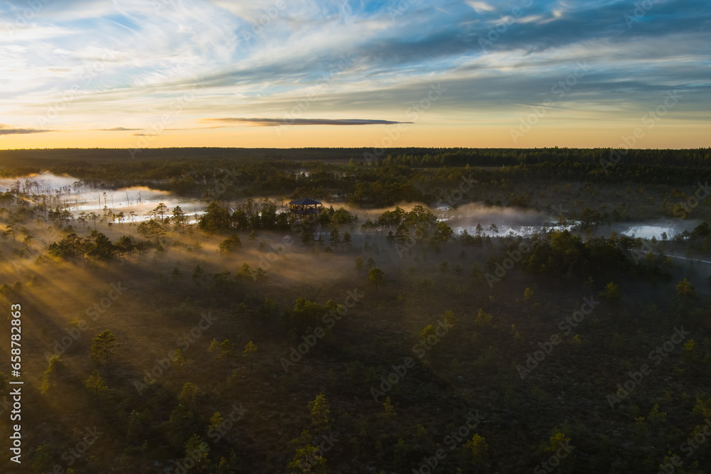 Nature of Estonia, sunrise on a swamp Viru in summer. Fog over the lakes. View from a drone.