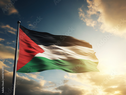 Palestine Flag On Blue Sky Background 