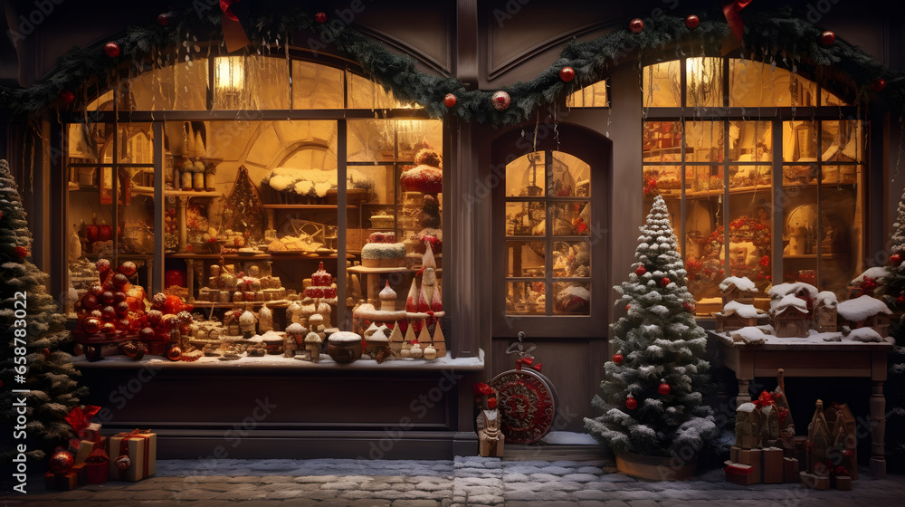 Christmas gift shop with decoration.