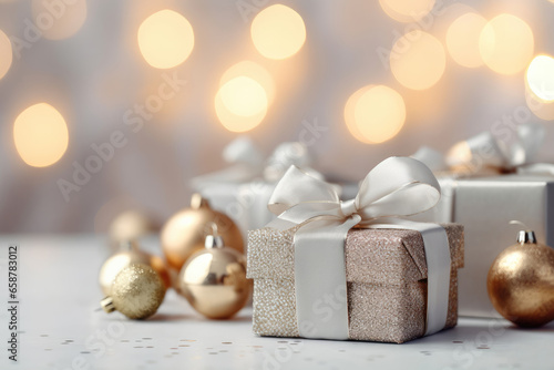 Christmas, New Year festive background. Christmas present gift boxes and Christmas tree decoration balls on light background