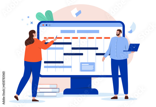 Project management - People scheduling tasks in work calendar, planning and organising work week for office workers to be more productive. Flat design vector illustration with white background